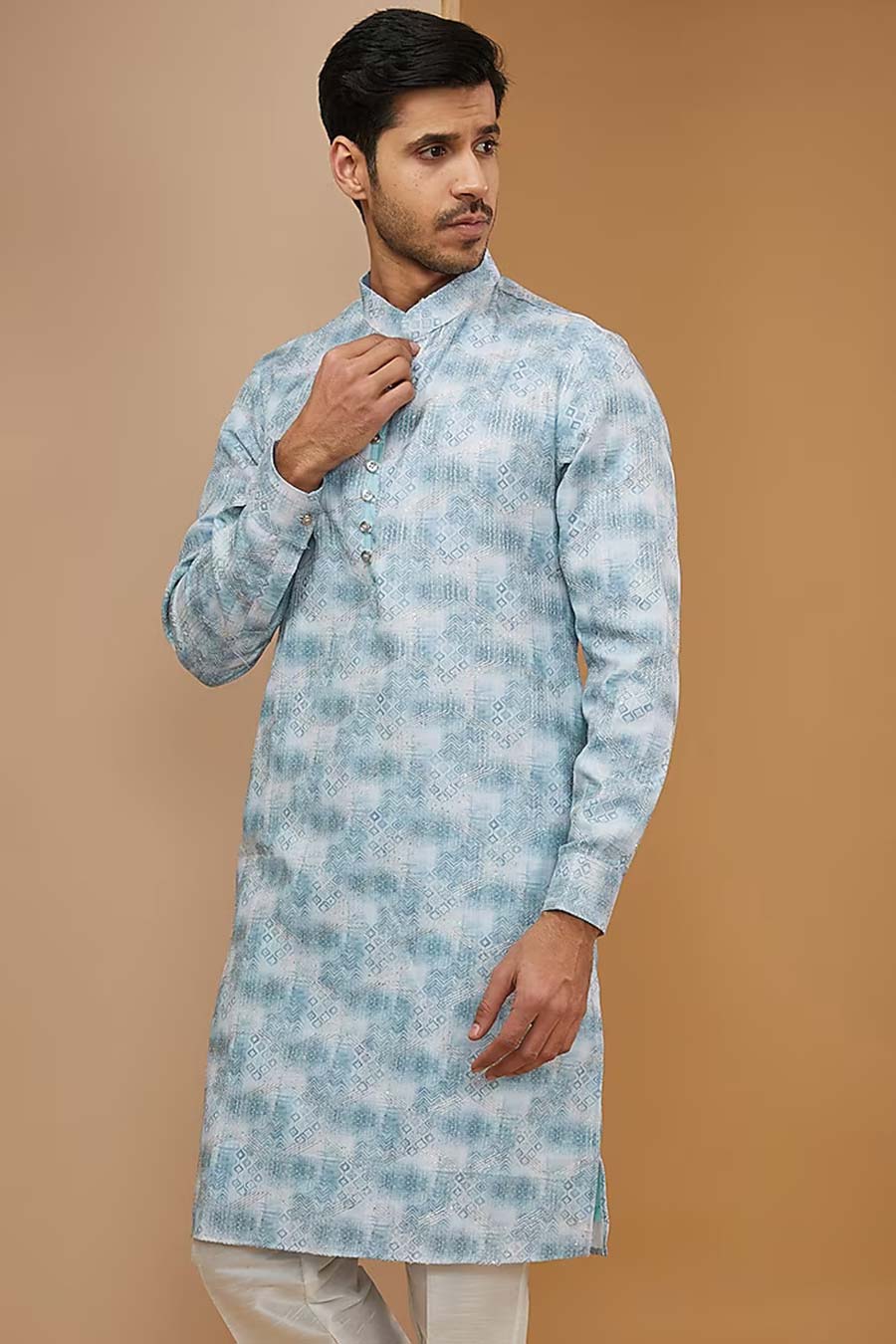 Sky Blue Ikat Printed Kurta Set