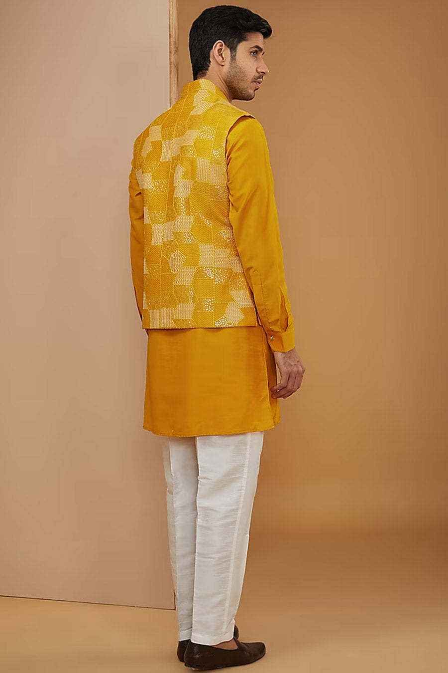 Mustard Kurta Set With Embroidered Jacket