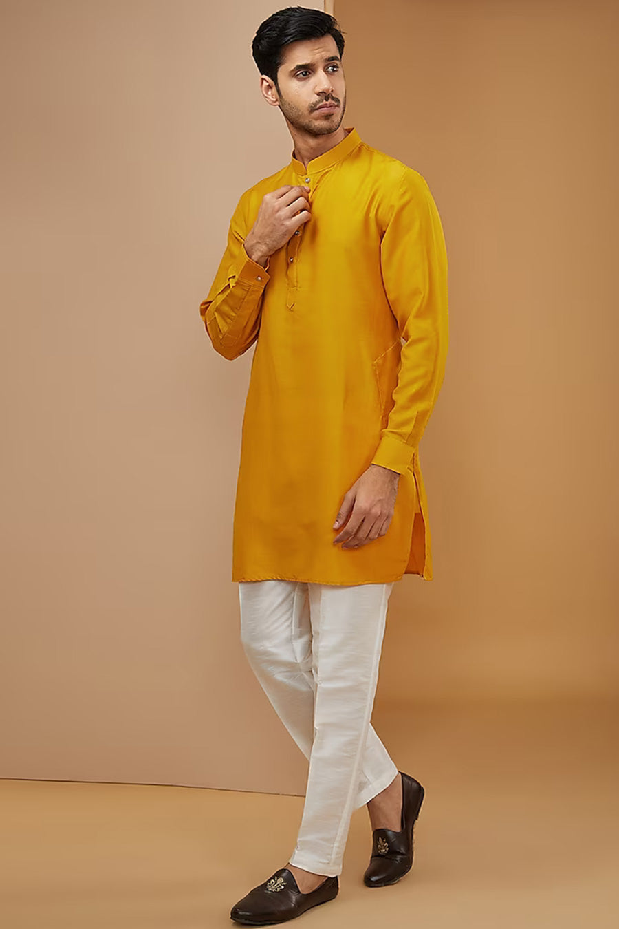 Mustard Kurta Set With Embroidered Jacket