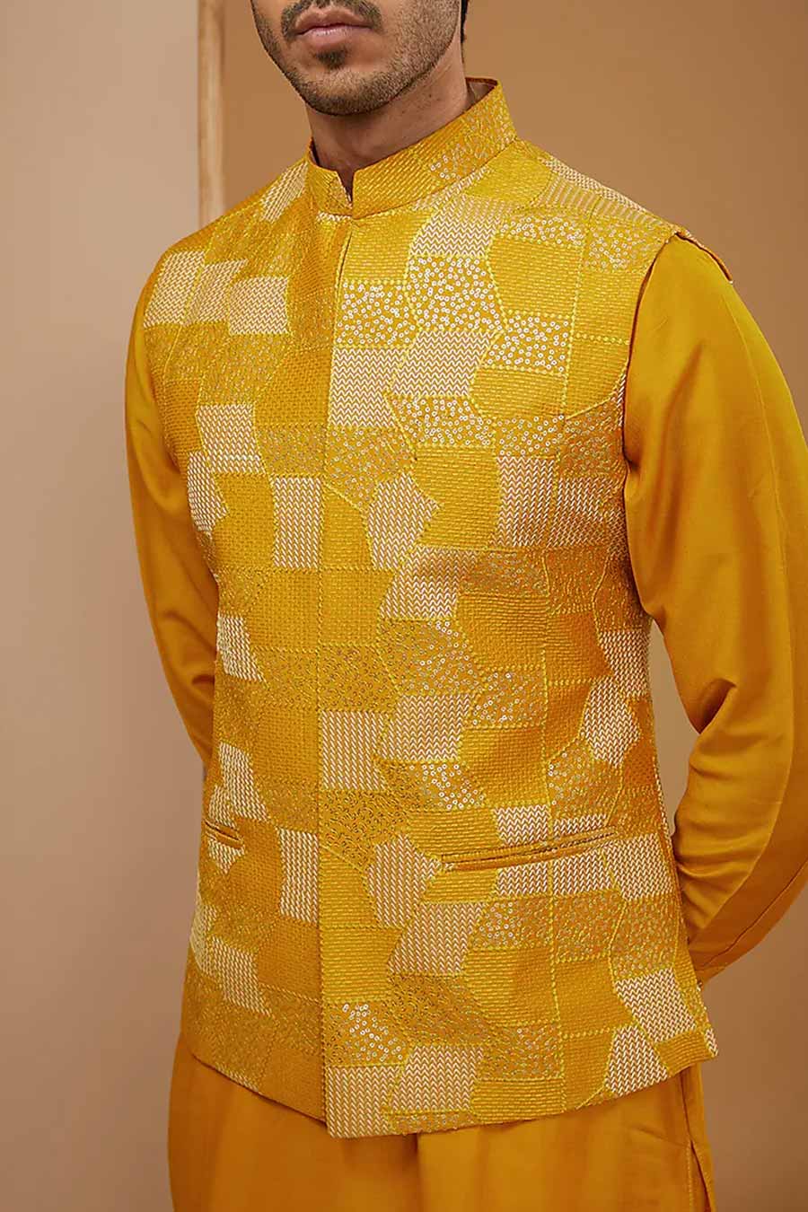 Mustard Kurta Set With Embroidered Jacket