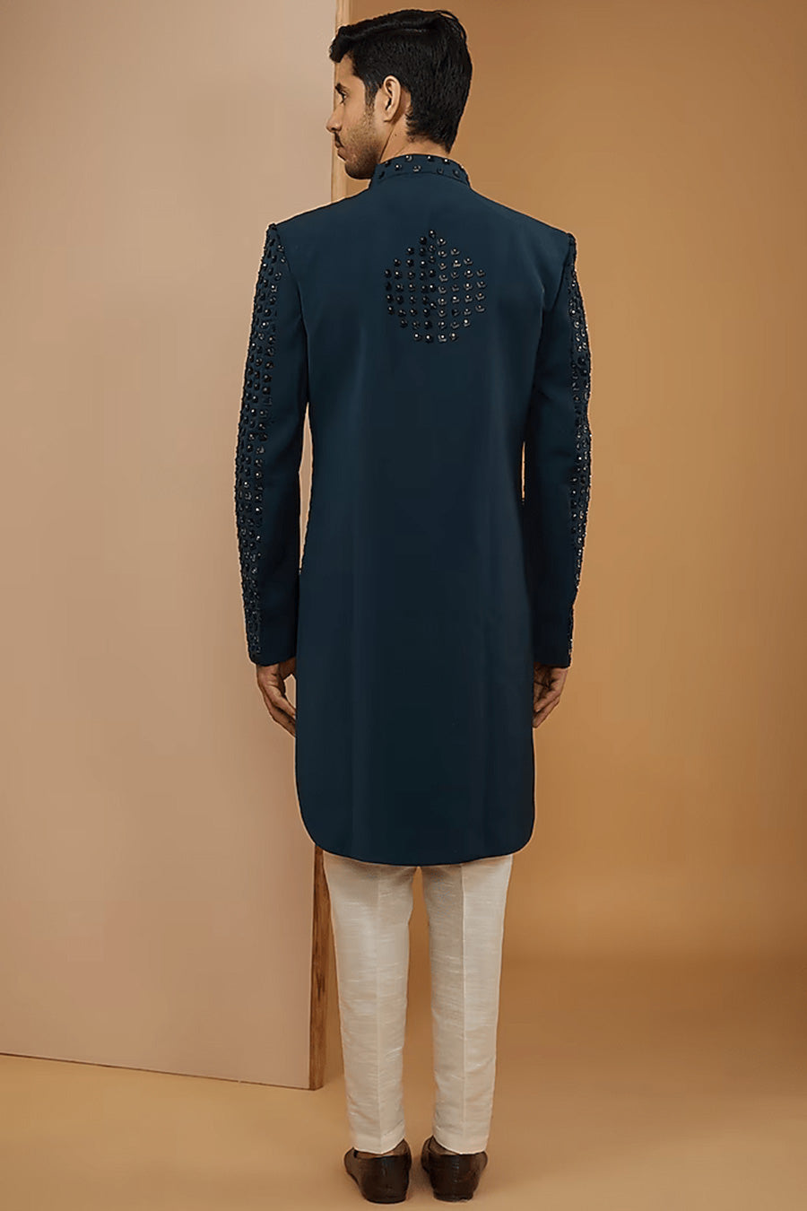 Teal Blue Embroidered Achkan Set