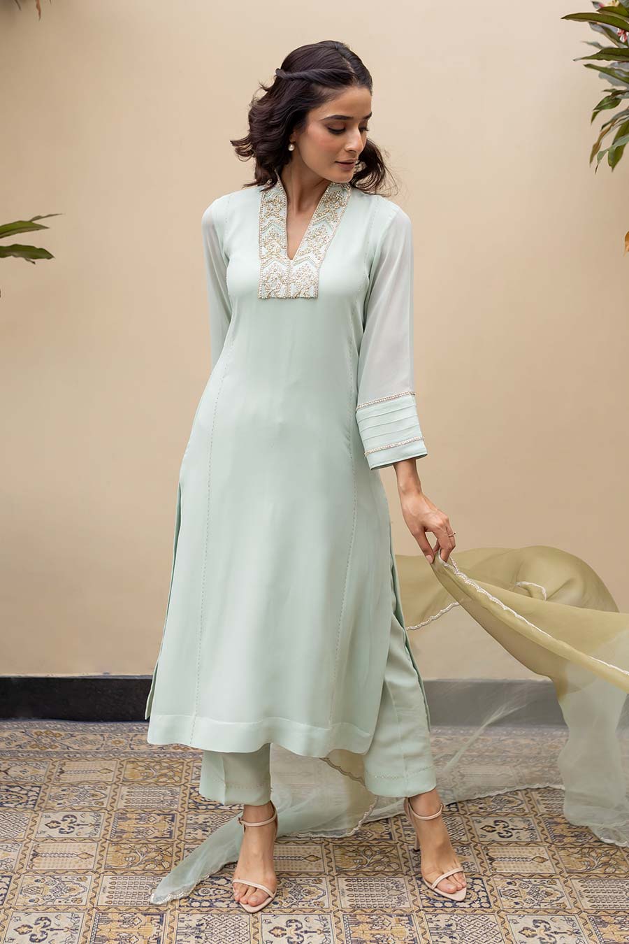 Mint Green Pearl Embroidered Kali Kurta Set