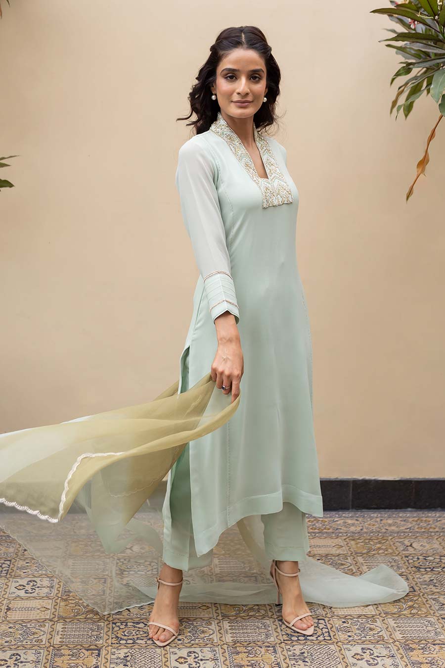 Mint Green Pearl Embroidered Kali Kurta Set