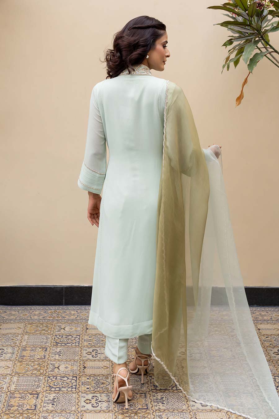 Mint Green Pearl Embroidered Kali Kurta Set