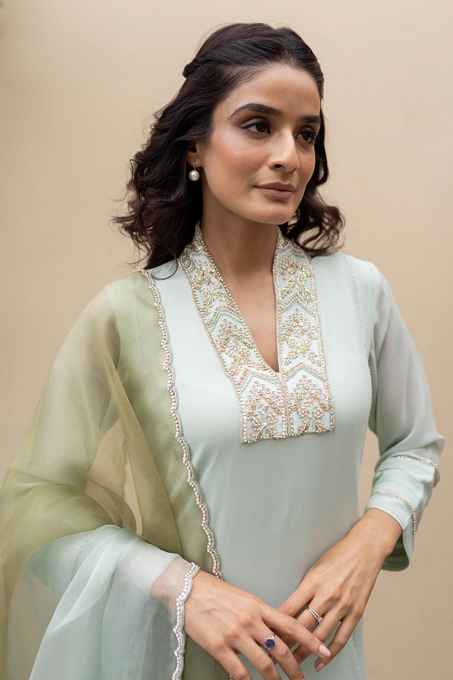 Mint Green Pearl Embroidered Kali Kurta Set