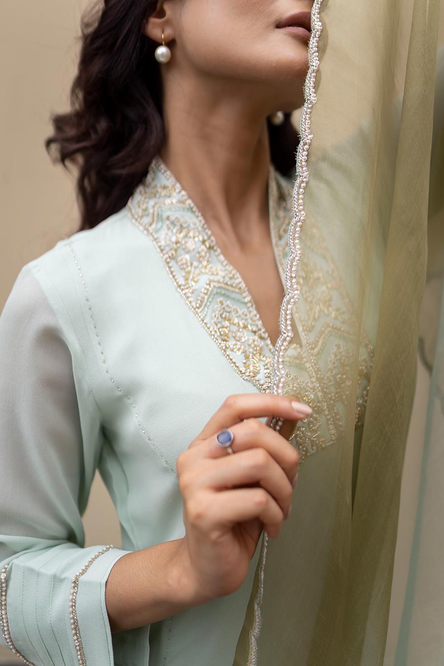 Mint Green Pearl Embroidered Kali Kurta Set