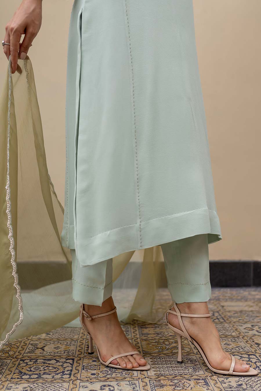 Mint Green Pearl Embroidered Kali Kurta Set