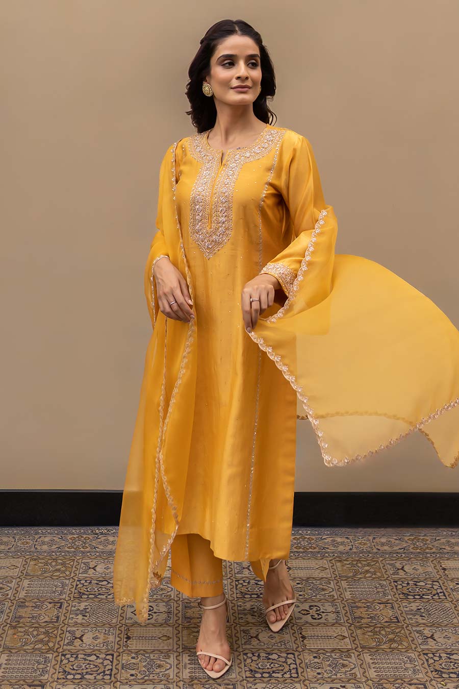 Mustard Chanderi Mukaish Kali Kurta Set