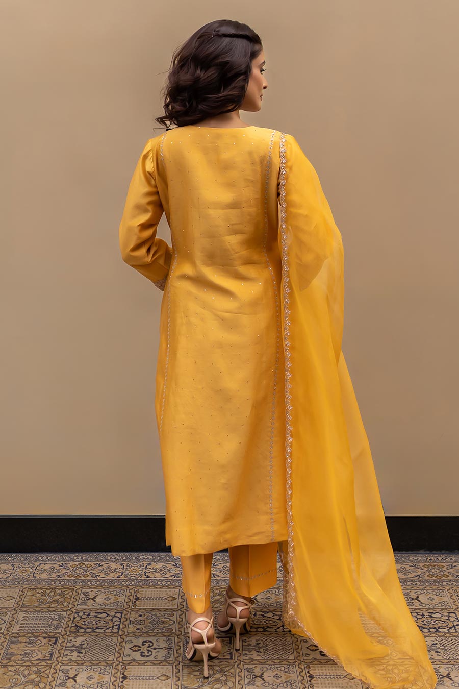 Mustard Chanderi Mukaish Kali Kurta Set