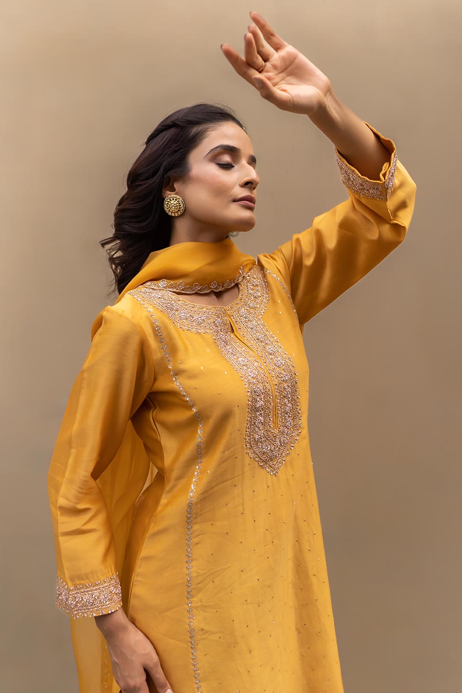 Mustard Chanderi Mukaish Kali Kurta Set