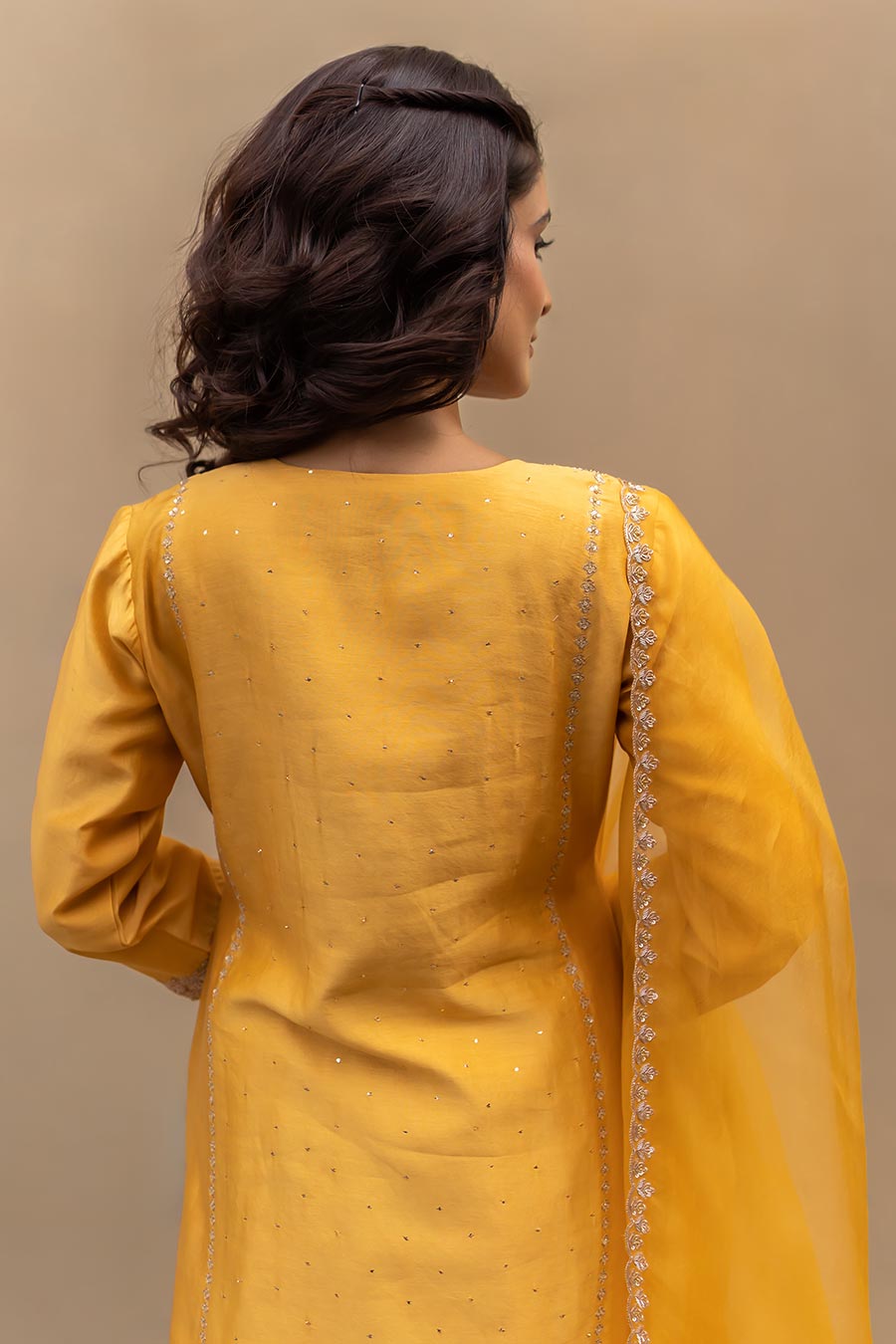 Mustard Chanderi Mukaish Kali Kurta Set