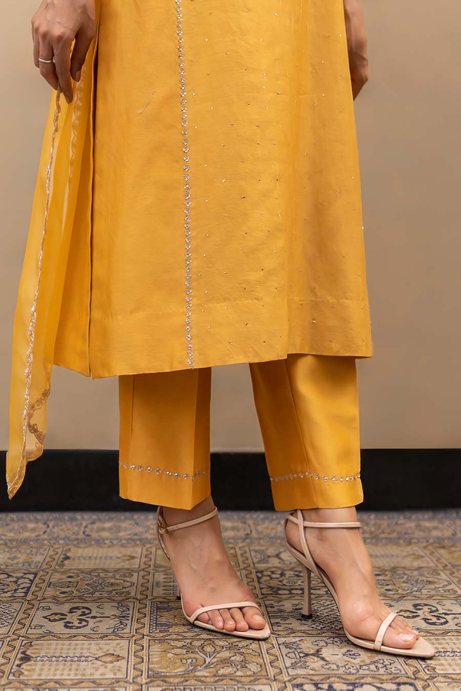 Mustard Chanderi Mukaish Kali Kurta Set