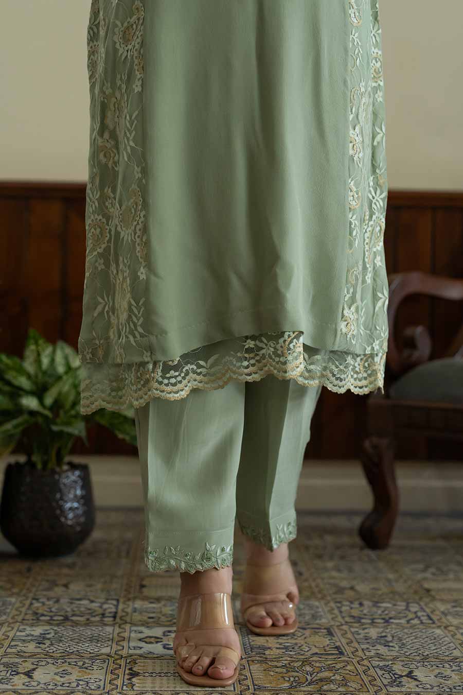 Pista Green Embroidered Kali Kurta Set