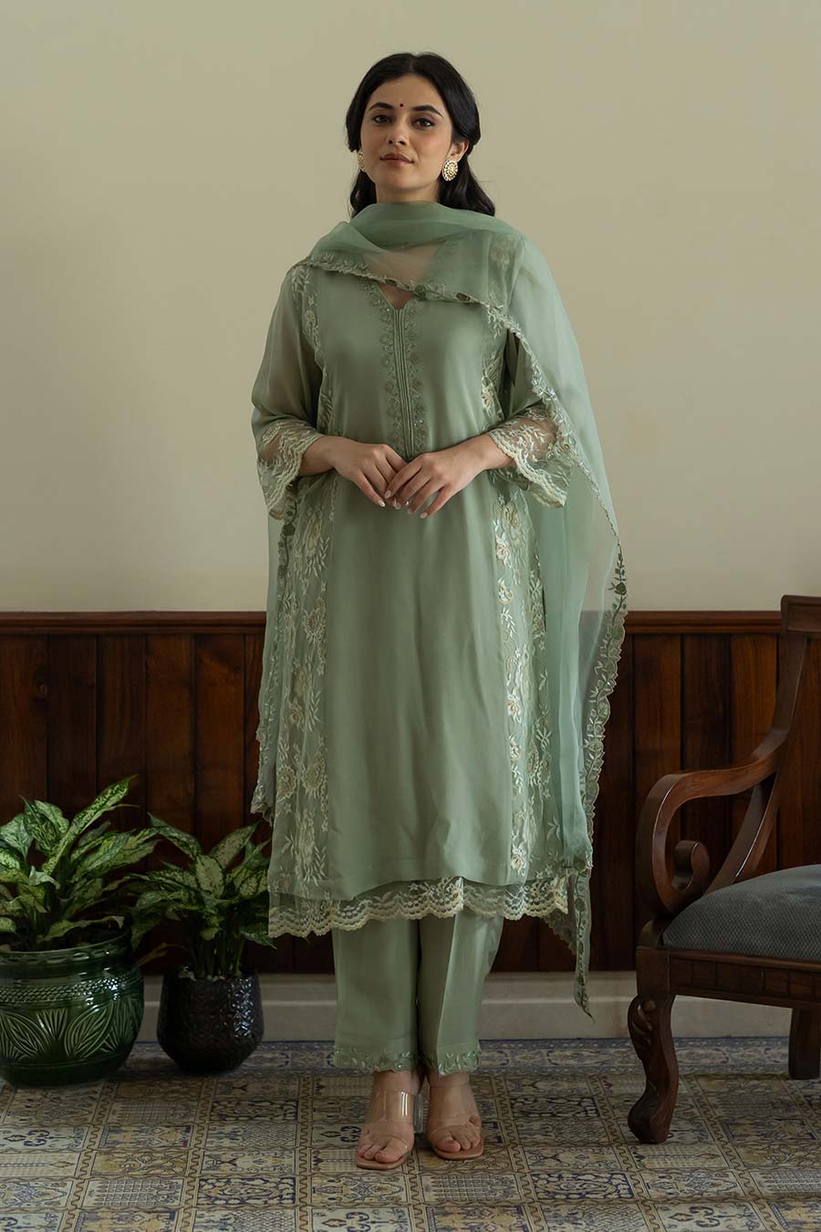 Pista Green Embroidered Kali Kurta Set