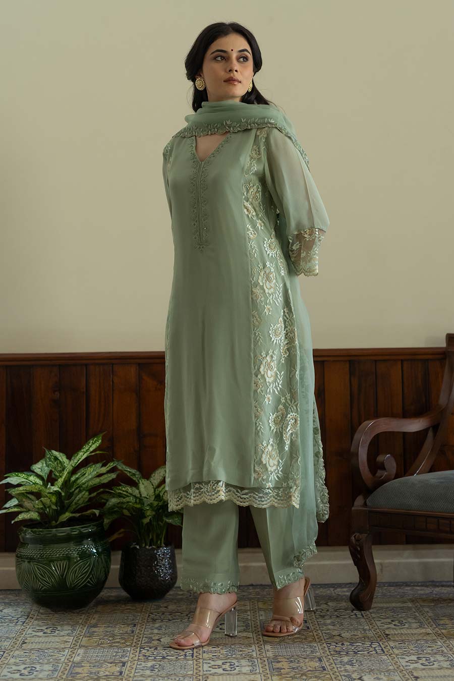 Pista Green Embroidered Kali Kurta Set