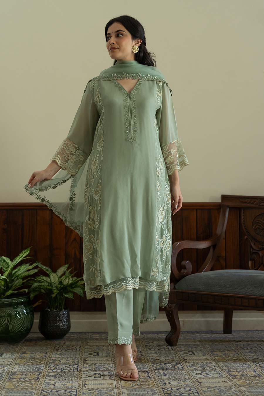 Pista Green Embroidered Kali Kurta Set