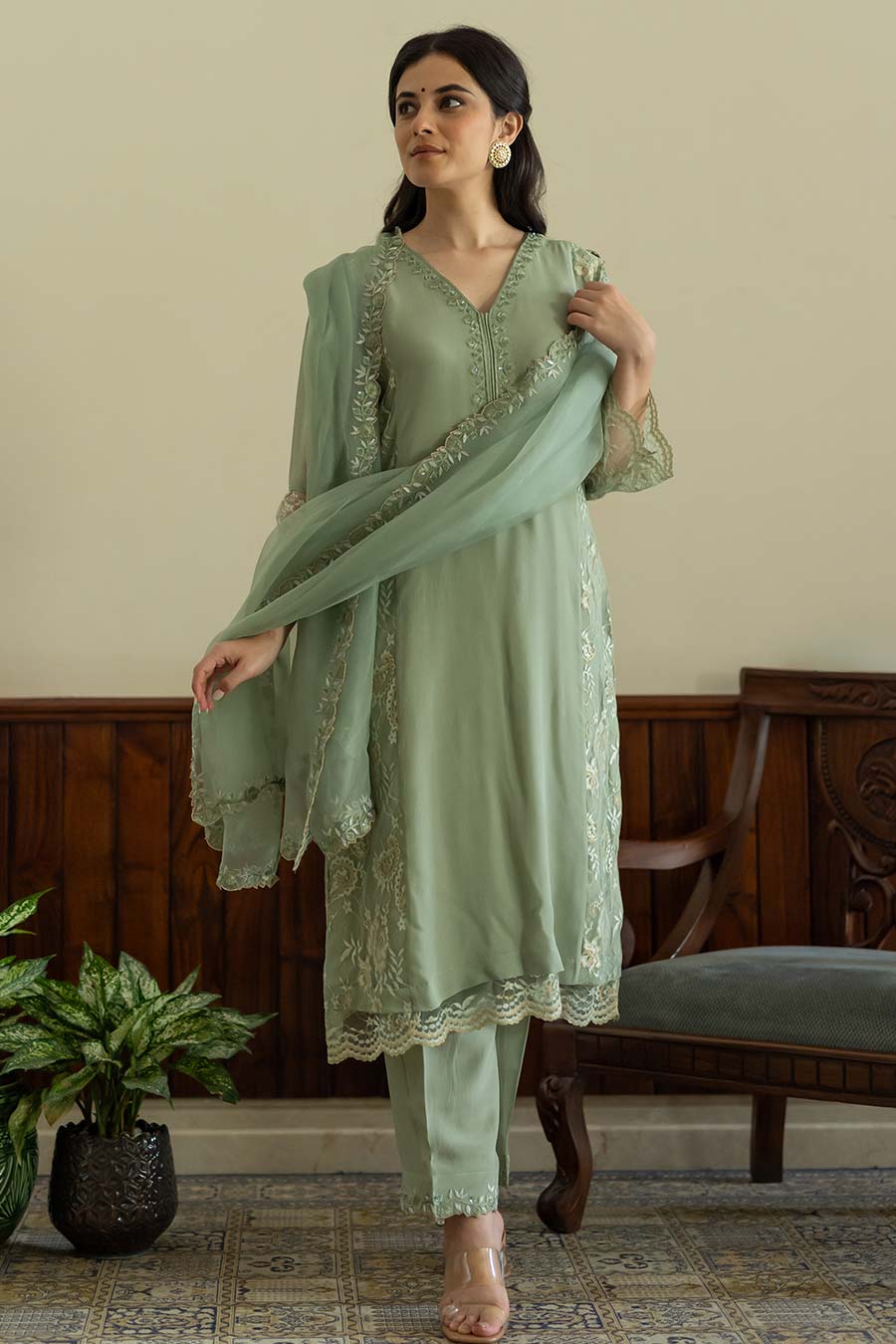 Pista Green Embroidered Kali Kurta Set