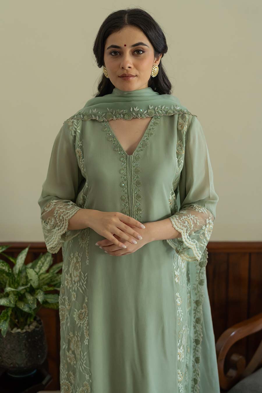 Pista Green Embroidered Kali Kurta Set