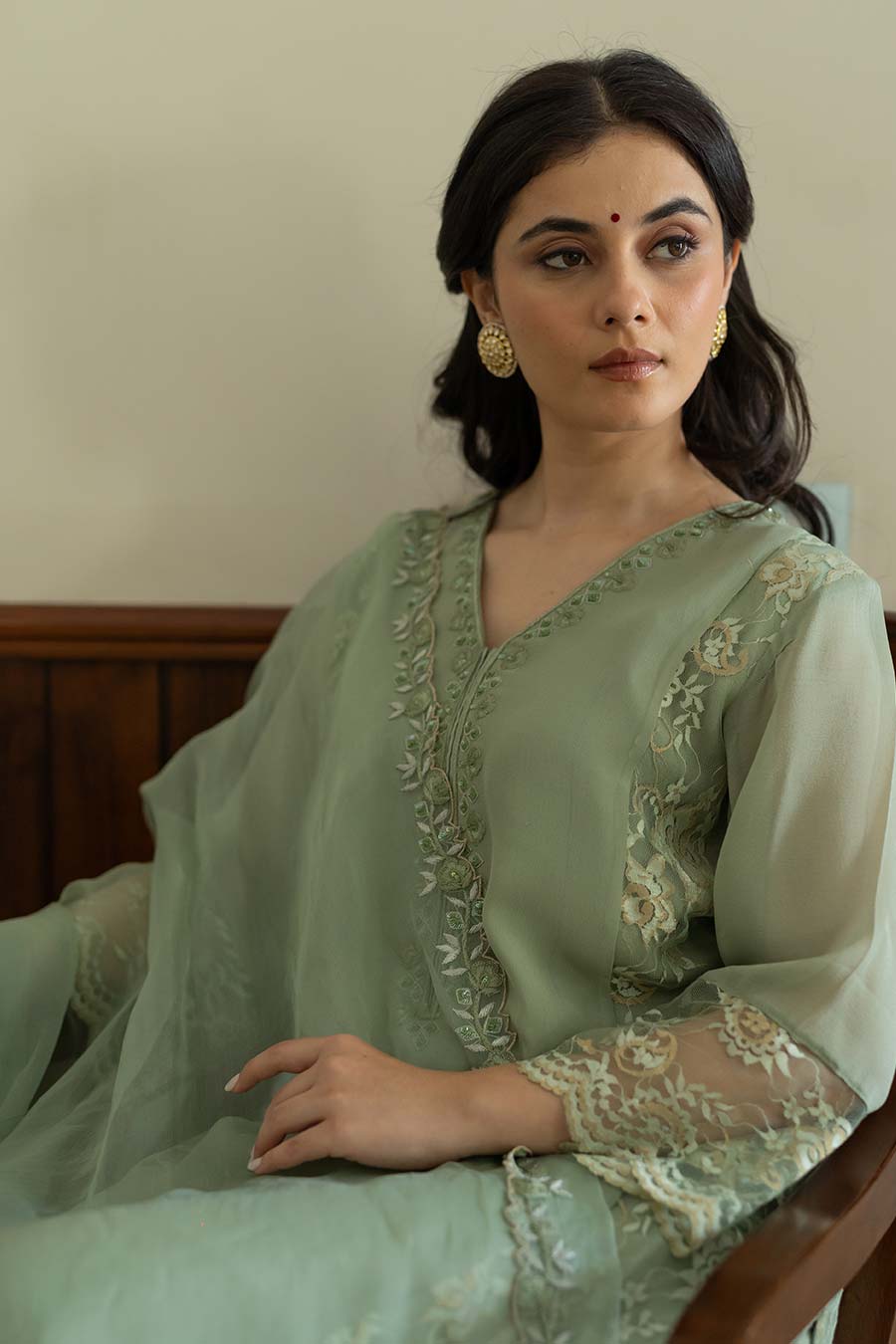 Pista Green Embroidered Kali Kurta Set