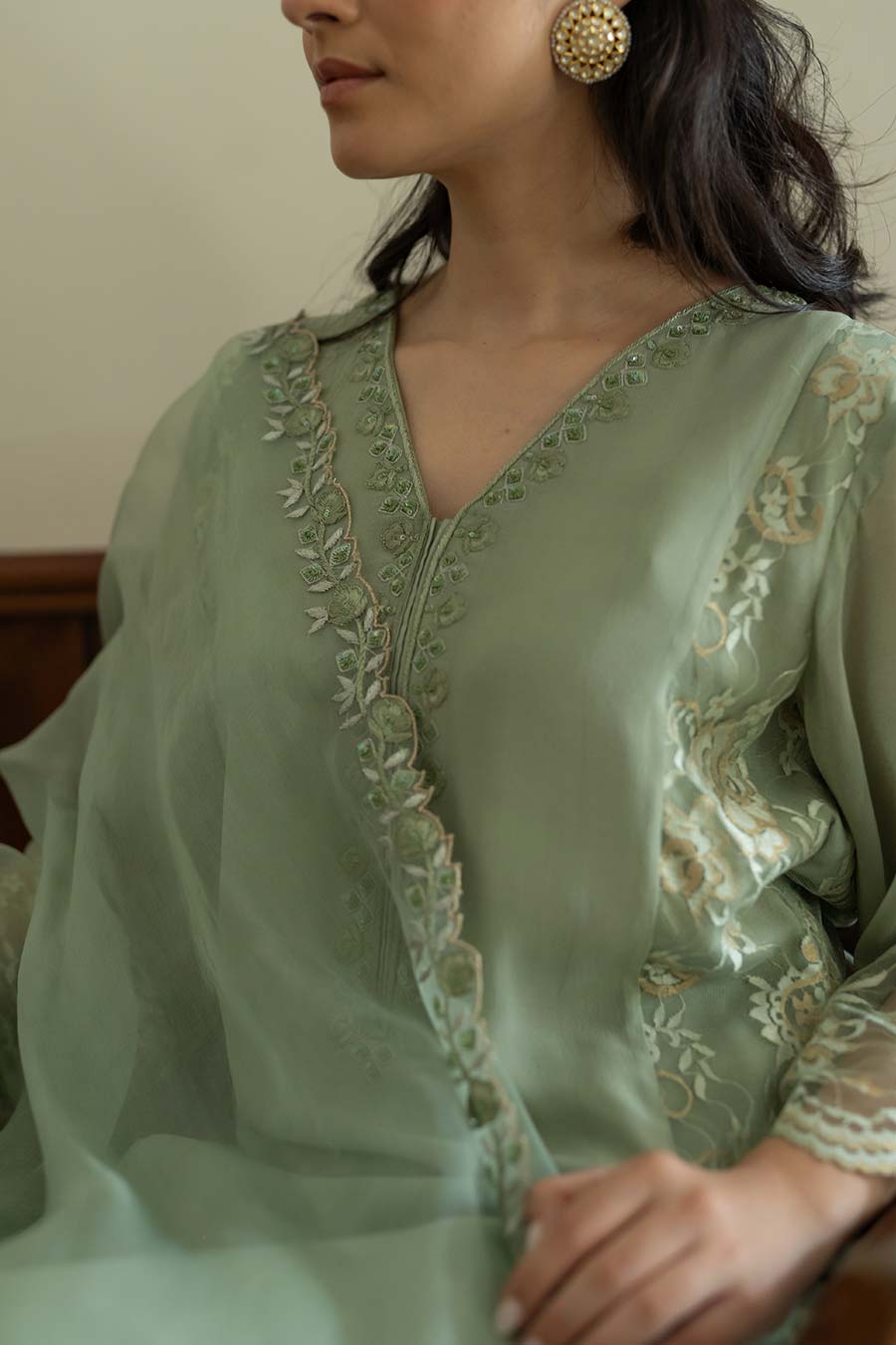 Pista Green Embroidered Kali Kurta Set