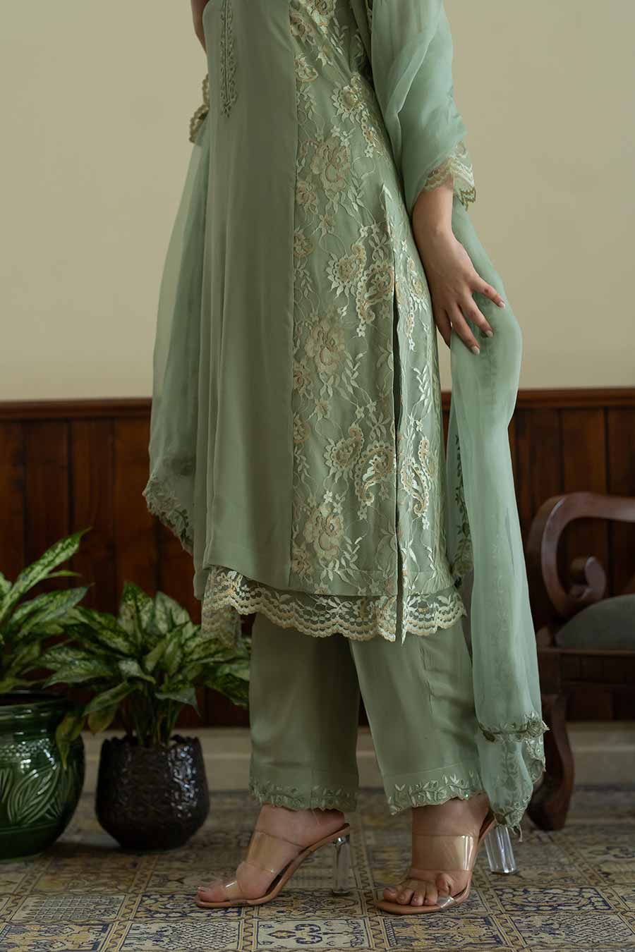 Pista Green Embroidered Kali Kurta Set