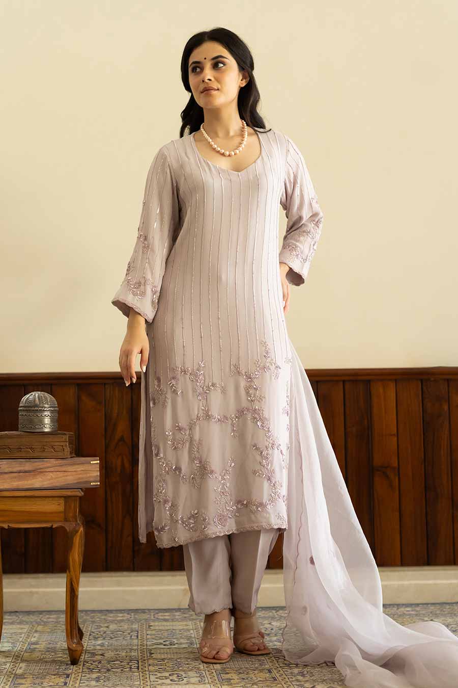 Lilac Embroidered Kurta Set