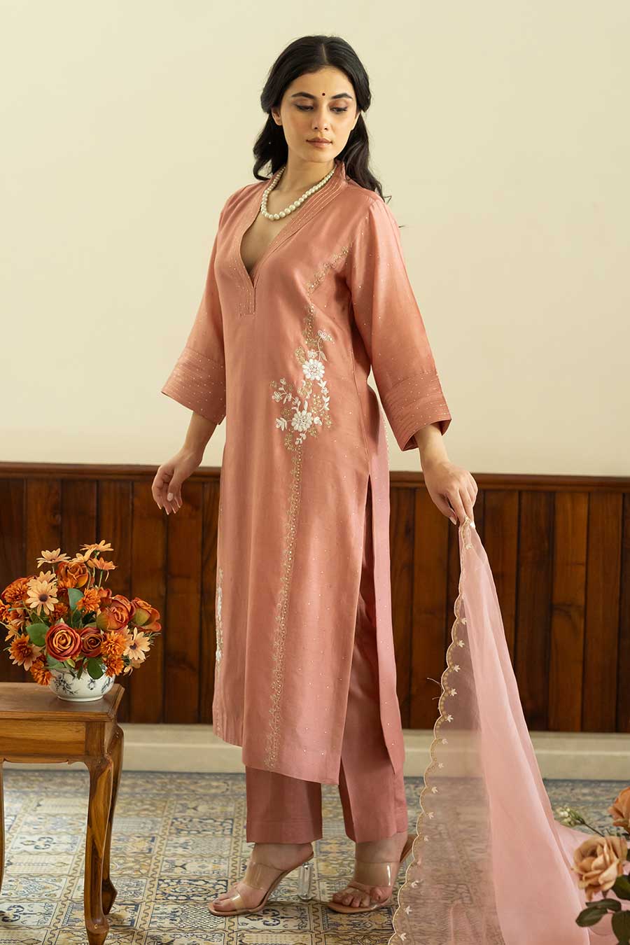 Salmon Pink Embroidered Kali Kurta Set