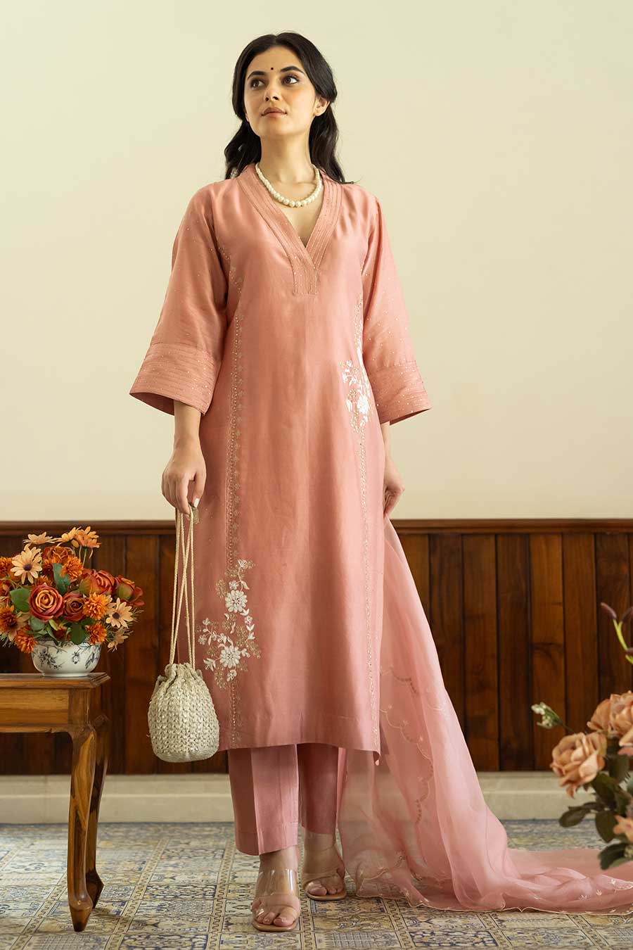 Salmon Pink Embroidered Kali Kurta Set