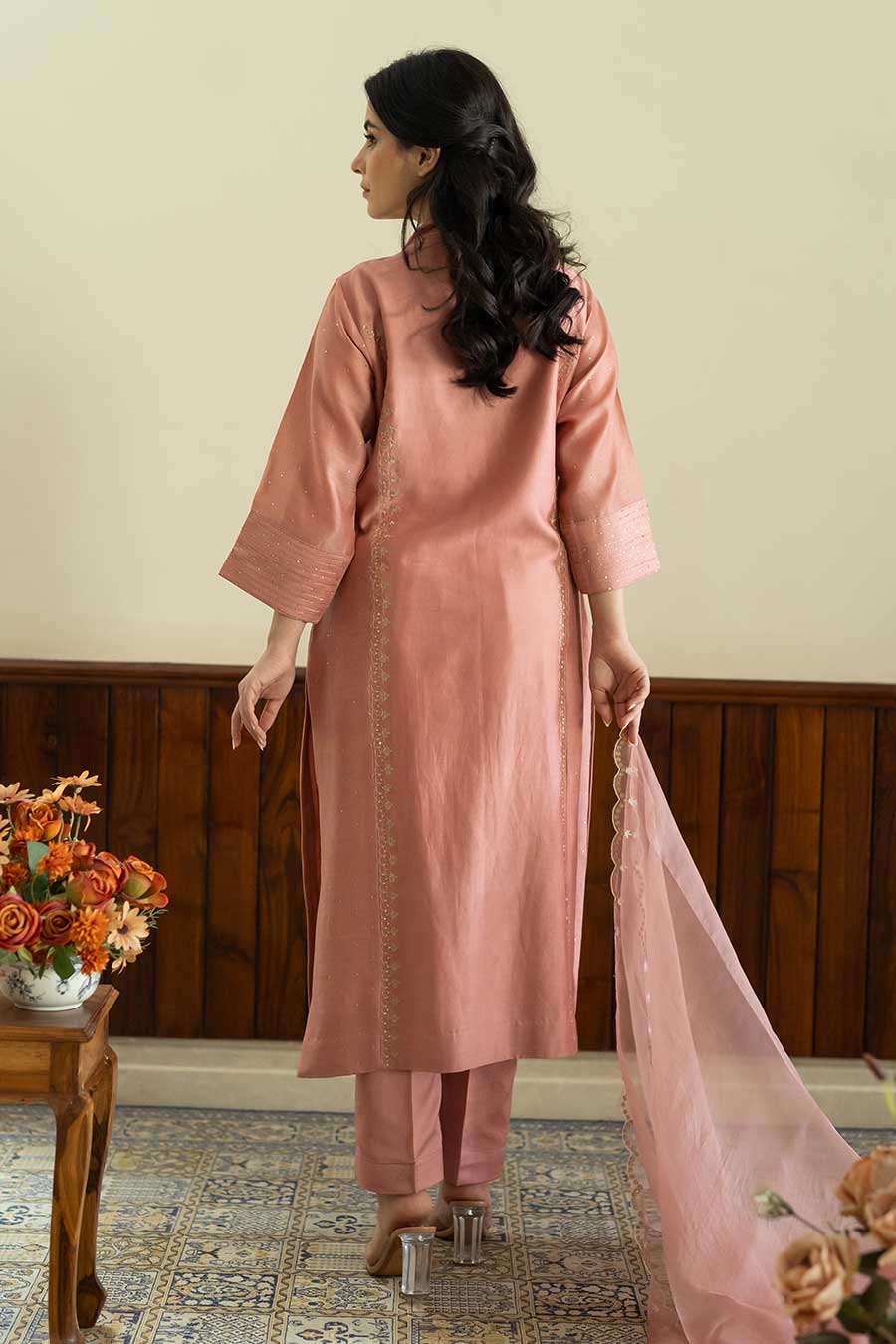 Salmon Pink Embroidered Kali Kurta Set