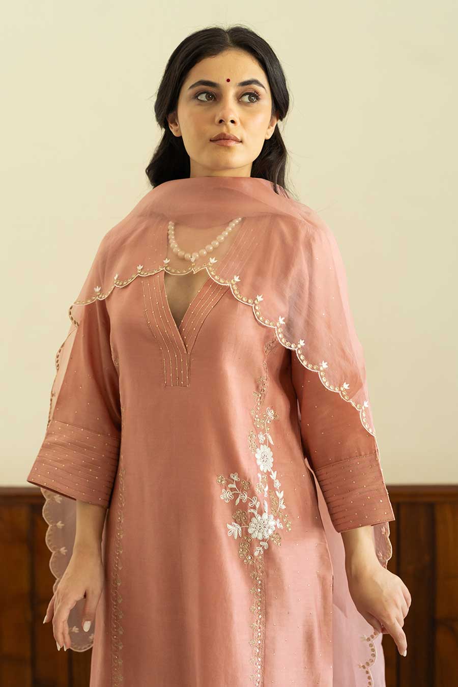 Salmon Pink Embroidered Kali Kurta Set