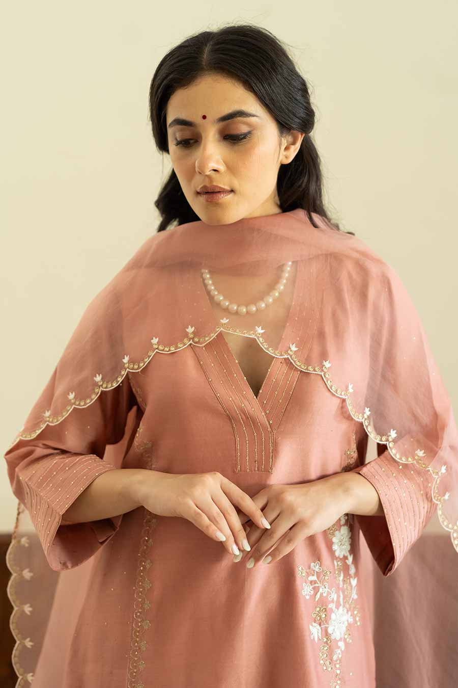 Salmon Pink Embroidered Kali Kurta Set