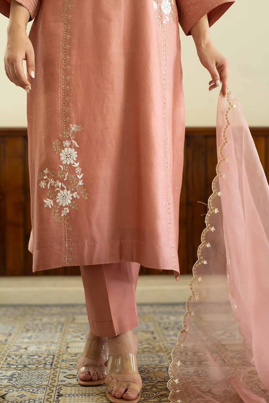 Salmon Pink Embroidered Kali Kurta Set