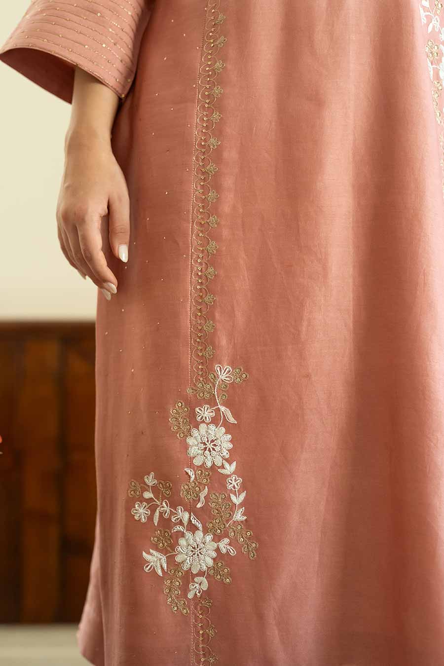 Salmon Pink Embroidered Kali Kurta Set