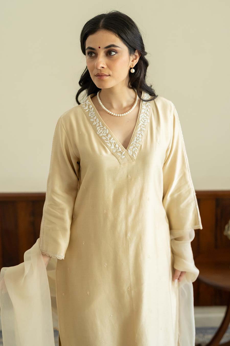 Beige Embroidered Kurta Set