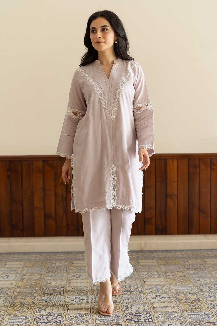 Lilac Lace Embellished Kurta & Pant Set