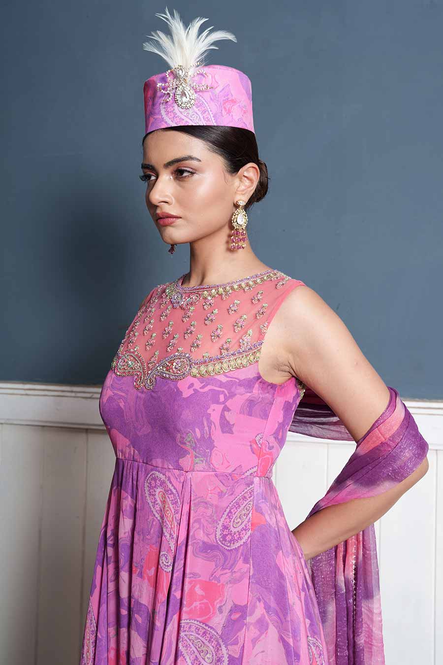 Purple Paisley-Embroidered Anarkali Set