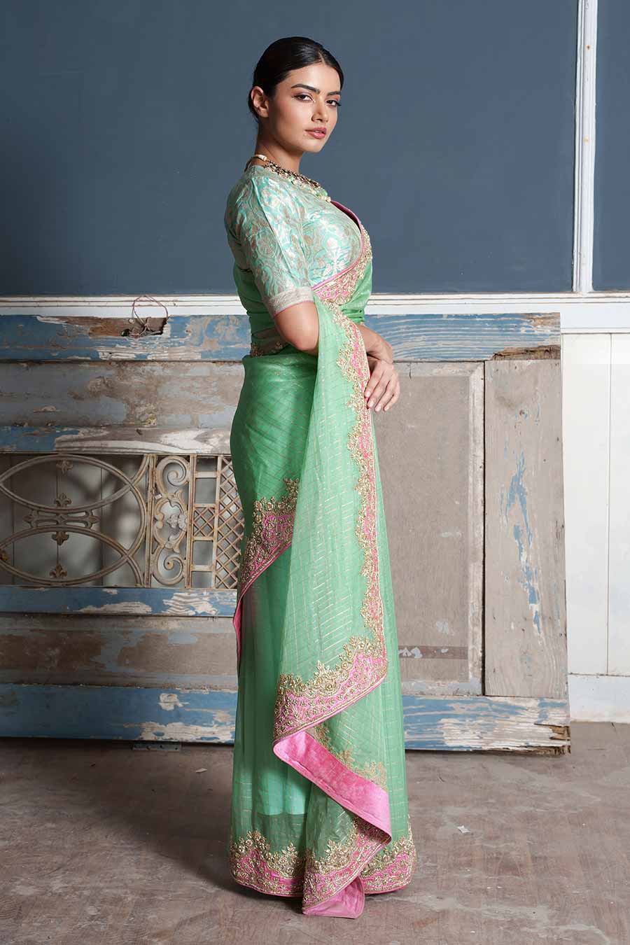 Green Embroidered Saree & Banaras Blouse Set