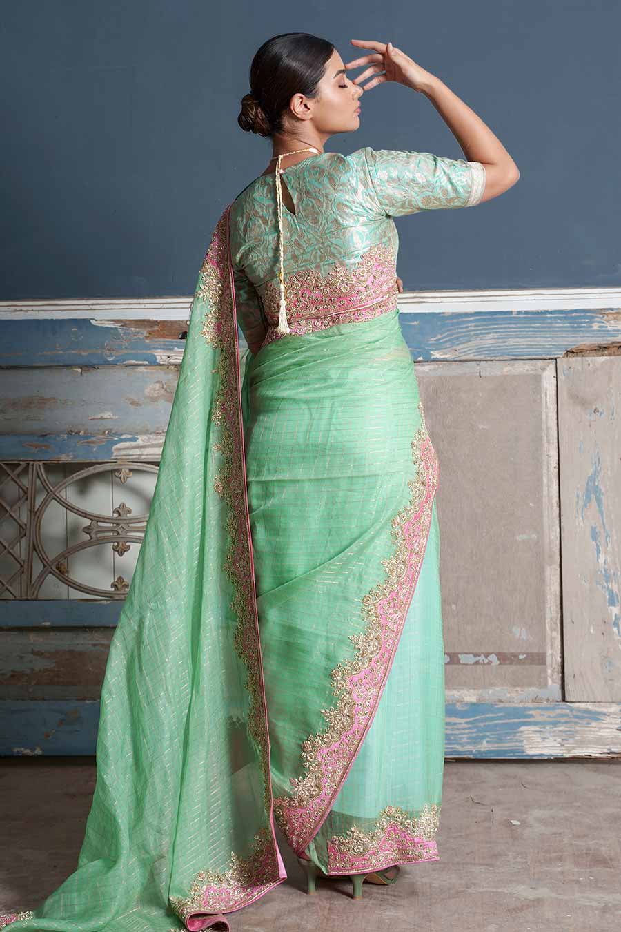 Green Embroidered Saree & Banaras Blouse Set