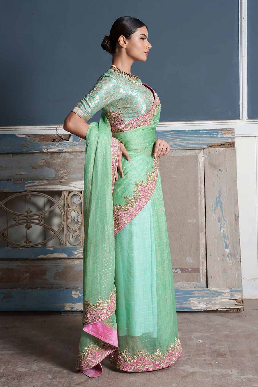 Green Embroidered Saree & Banaras Blouse Set