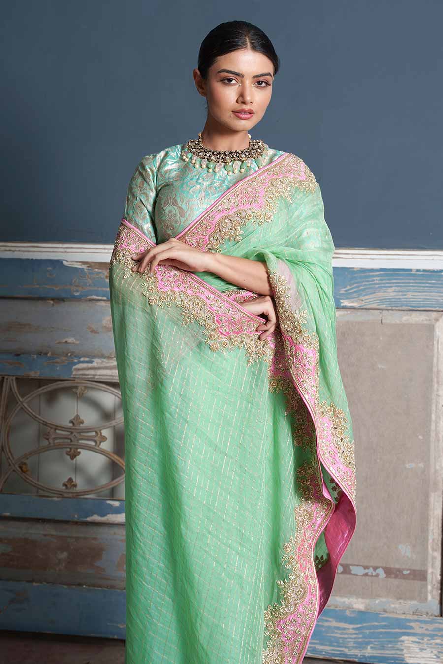 Green Embroidered Saree & Banaras Blouse Set