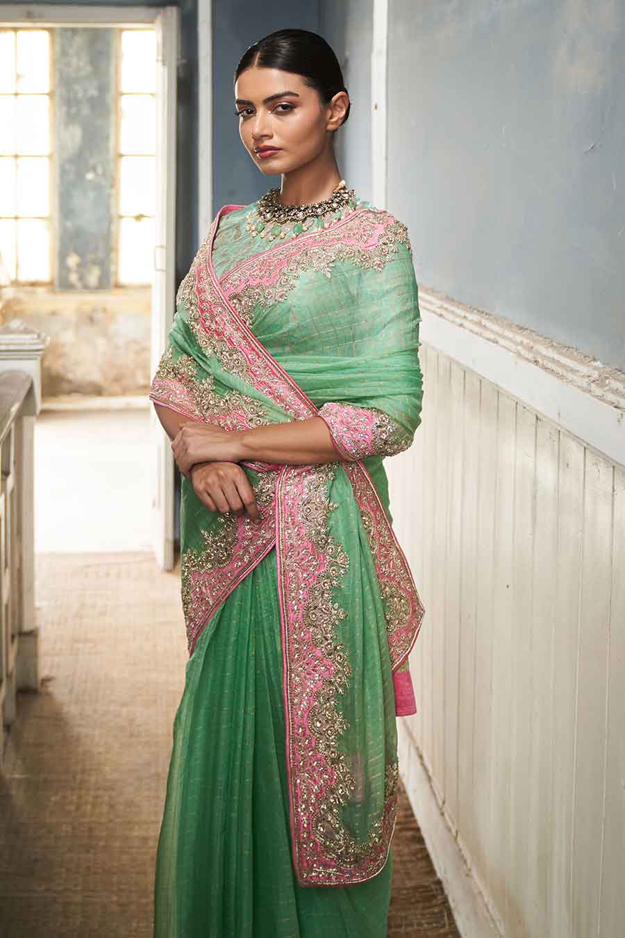 Green Embroidered Saree & Banaras Blouse Set