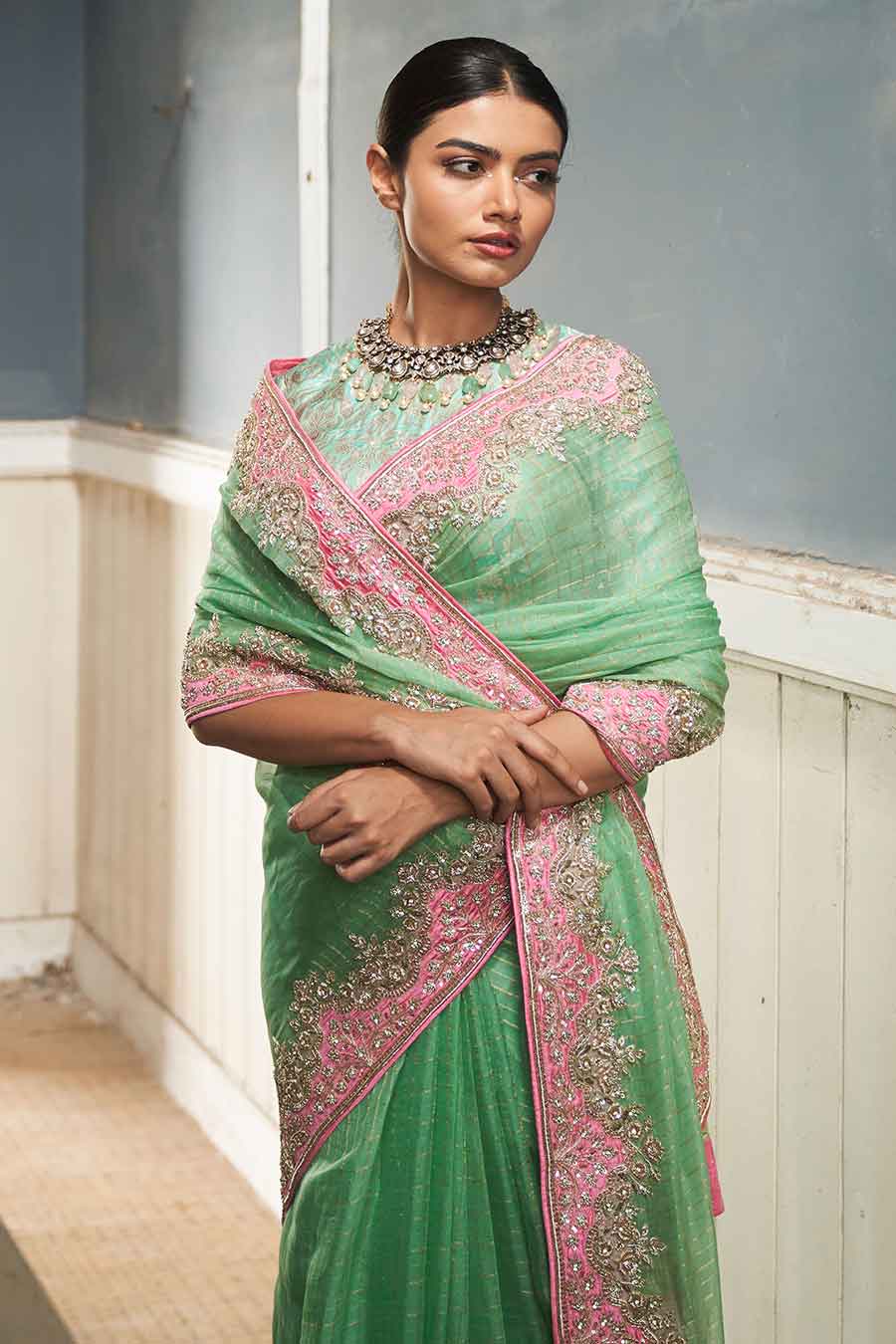 Green Embroidered Saree & Banaras Blouse Set