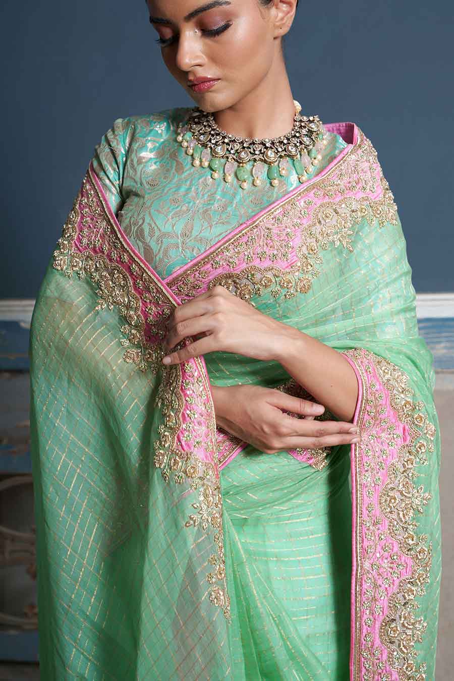 Green Embroidered Saree & Banaras Blouse Set