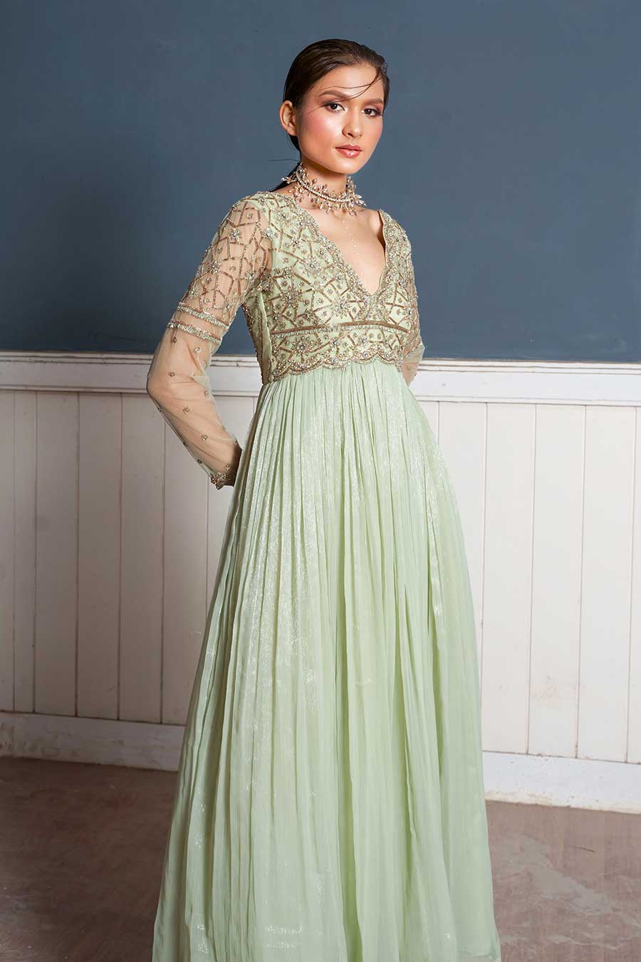 Pastel Green Hand-Embroidered Gown