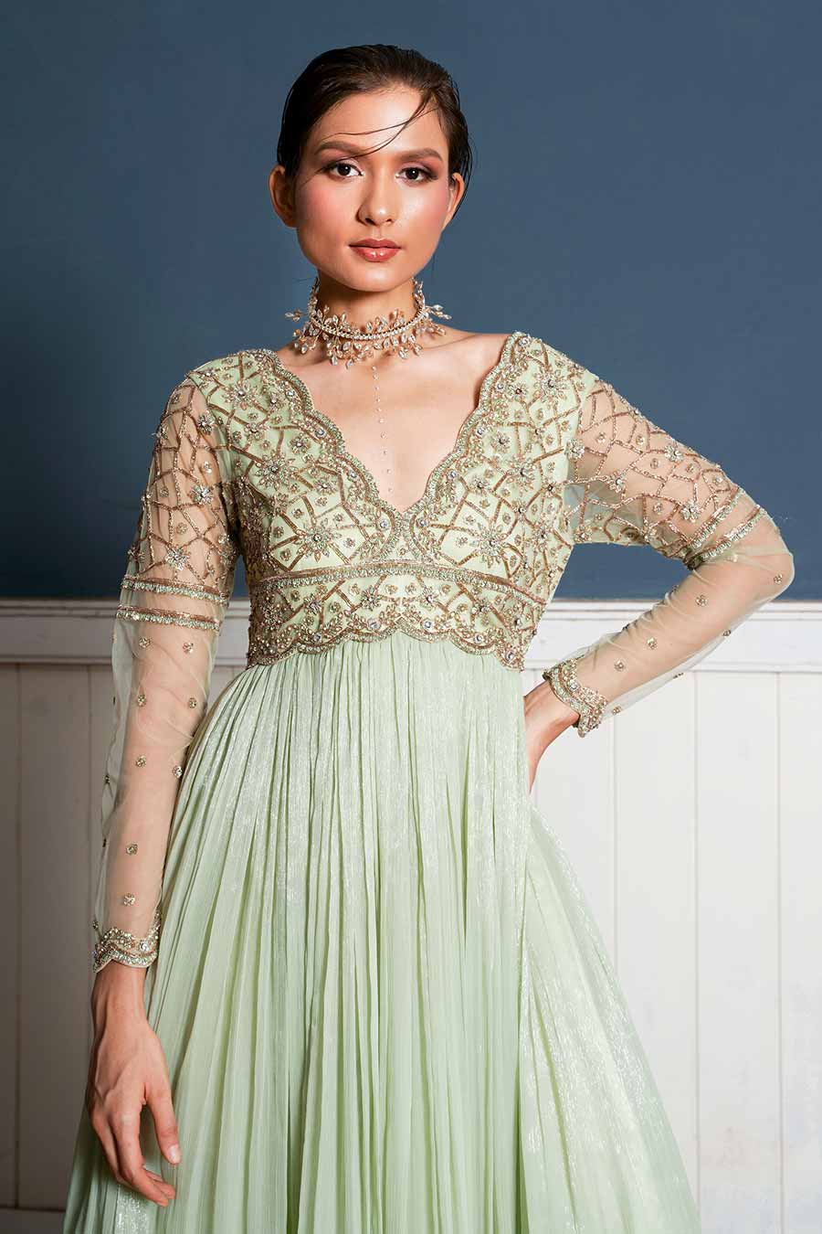 Pastel Green Hand-Embroidered Gown