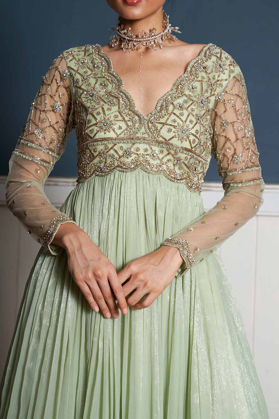 Pastel Green Hand-Embroidered Gown