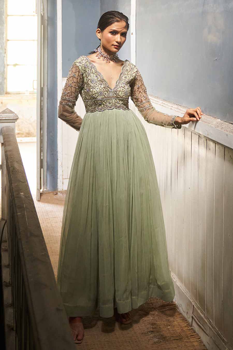 Pastel Green Hand-Embroidered Gown