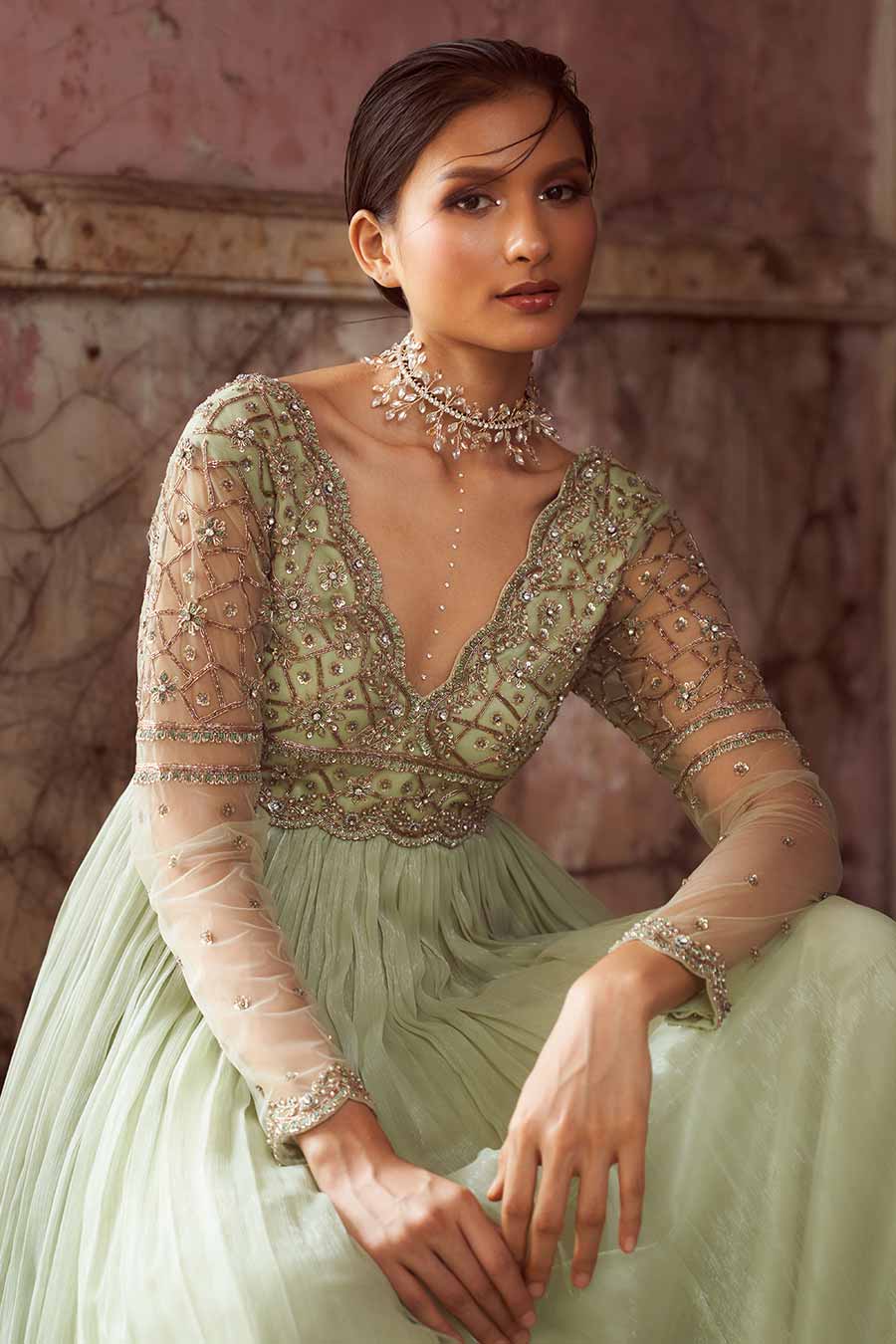 Pastel Green Hand-Embroidered Gown