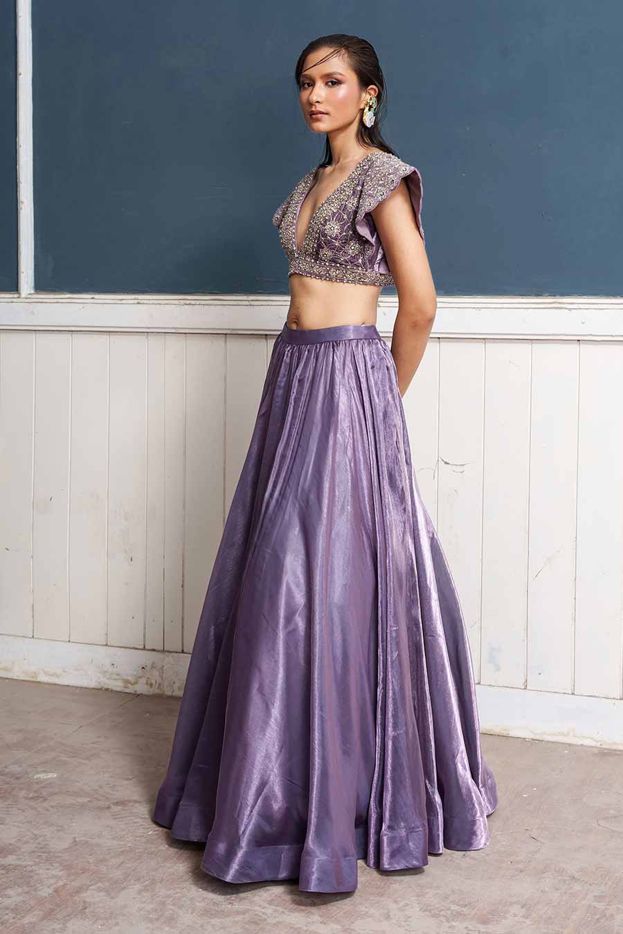 Purple Hand-Embroidered Blouse & Lehenga Set