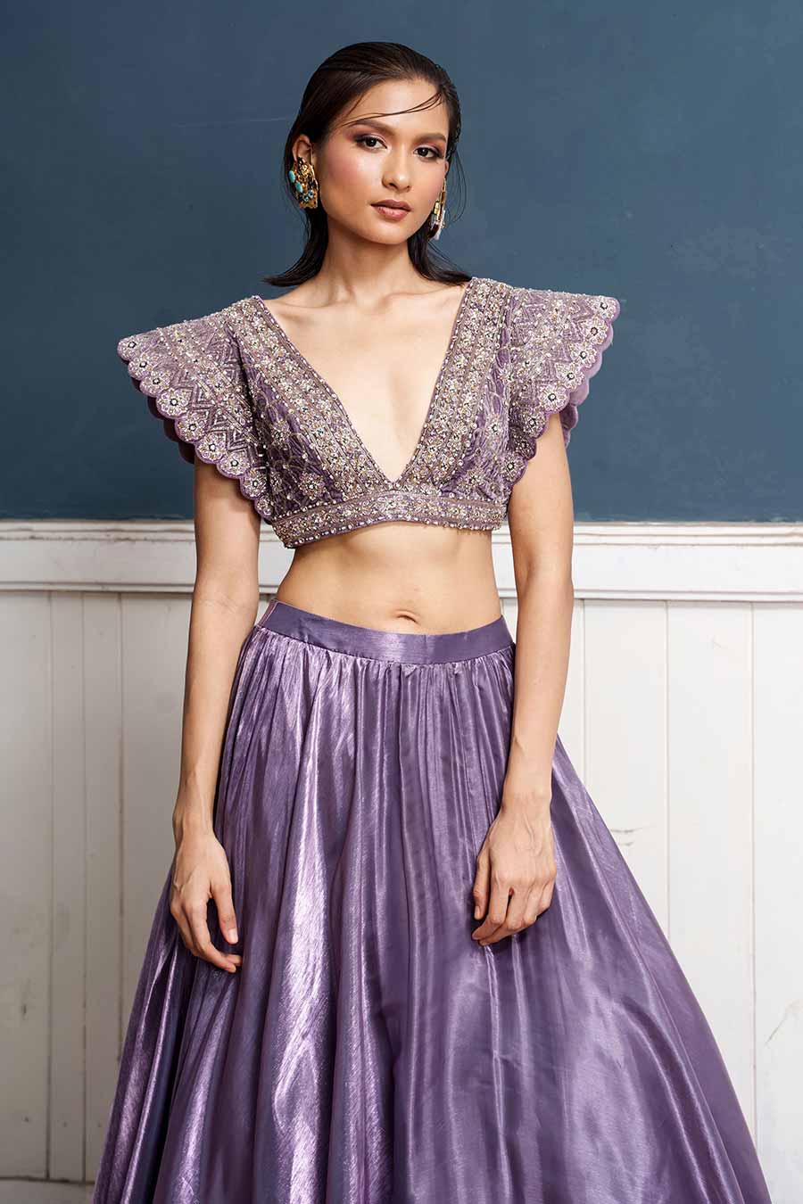 Purple Hand-Embroidered Blouse & Lehenga Set